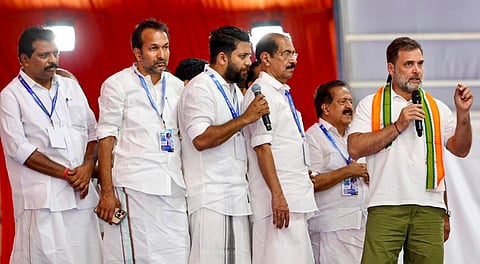 LoP in the Lok Sabha and Congress leader Rahul Gandhi addresses the gathering at a Mahapanchayat of newly elected party local body representatives, in Kochi, Kerala on Jan. 19, 2026.