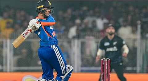 Abhishek Sharma plays a shot during the third T20I cricket match between India and New Zealand, at ACA Stadium, Barsapara in Guwahati, Sunday, Jan. 25, 2026.