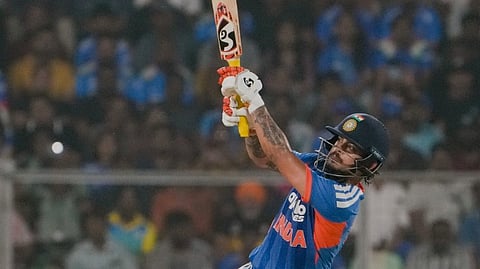 India's Ishan Kishan plays a shot during the fifth and final T201 cricket match between India and New Zealand, at the Greenfield International Stadium, in Thiruvananthapuram, Kerala, Saturday, Jan. 31, 2026.