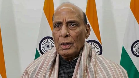 Defence Minister Rajnath Singh delivers remarks on the Union Budget 2026-27 via video conferencing, in New Delhi.