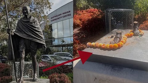 The 420 kg Gandhi statue was severed from its base using a grinder, leaving only the feet intact.