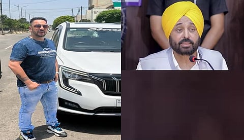 Punjab Aam Aadmi Party leader Lucky Oberoi (L),Chief Minister Bhagwant Mann (R)