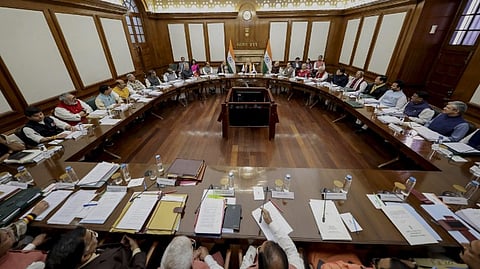 Prime Minister Narendra Modi chairs the last Cabinet meeting at the South Block building before the PMO's relocation to the newly inaugurated Seva Teerth complex, in New Delhi on Feb. 13, 2026.