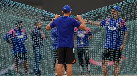 India's captain Suryakumar Yadav, front right, during a practice session ahead of an ICC Men's T20 World Cup 2026 cricket match between India and Pakistan, at R Premadasa Stadium, in Colombo, Sri Lanka, Saturday, Feb. 14, 2026.