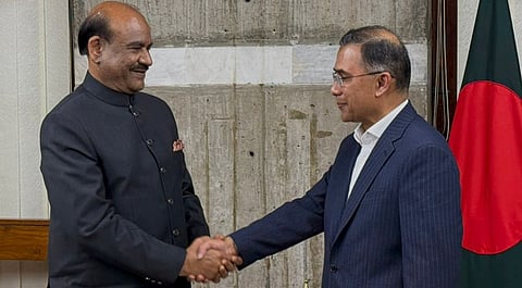 Lok Sabha Speaker Om Birla greets newly sworn-in Bangladesh Prime Minister Tarique Rahman during a meeting, in Dhaka, Bangladesh on Feb. 17, 2026.