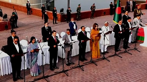 Newly elected members of the Bangladesh Nationalist Party take oath as members of the 13th 'Jatiyo Sansad', the Parliament of Bangladesh, in Dhaka, Bangladesh, Tuesday, Feb. 17, 2026.