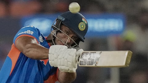India's Shivam Dube plays a shot during an ICC Men's T20 World Cup 2026 cricket match between India and Netherlands, at the Narendra Modi Stadium, in Ahmedabad, Wednesday, Feb. 18, 2026.