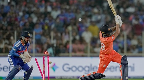 Netherlands' Aryan Dutt being bowled by India's Varun Chakravarthy during an ICC Men's T20 World Cup 2026 cricket match between India and Netherlands, at the Narendra Modi Stadium, in Ahmedabad, Wednesday, Feb. 18, 2026.