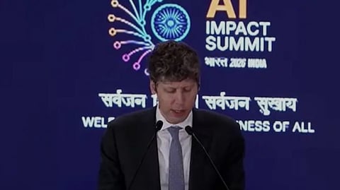 OpenAI CEO Sam Altman delivers his speech at the India AI Summit in New Delhi.