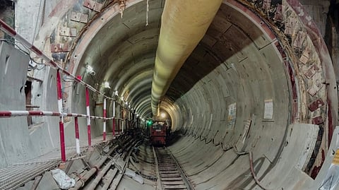 Interior view of the ongoing tunnel boring work, in New Delhi.