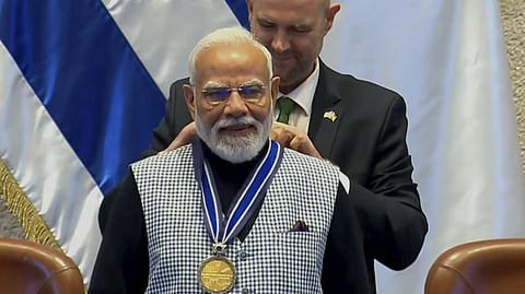 screengrab from a video posted on Feb. 25, 2026, Prime Minister Narendra Modi with Knesset Speaker Amir Ohana at the Knesset, Israeli parliament, in Israel.