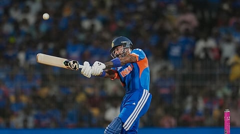 Hardik Pandya plays a shot during an ICC Men's T20 World Cup 2026 cricket match between India and Zimbabwe, at the MA Chidambaram Stadium, in Chennai, Thursday, Feb. 26, 2026.