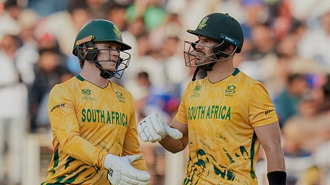 South Africa's captain Aiden Markram, right, and teammate Ryan Rickelton during the ICC Men's T20 World Cup 2026 cricket match between West Indies and South Africa, at Narendra Modi Stadium, in Ahmedabad, Thursday, Feb. 26, 2026.