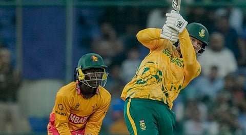 South Africa's George Linde plays a shot during the ICC Men's T20 World Cup 2026 cricket match between Zimbabwe and South Africa, at Arun Jaitley Stadium in New Delhi, Sunday, Mar. 1, 2026.