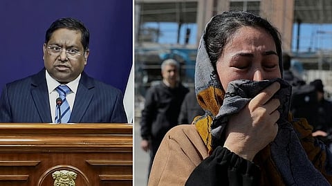 MEA spokesperson Randhir Jaiswal(L), A woman reacts on the street following an Israeli and U.S. strike in Tehran.