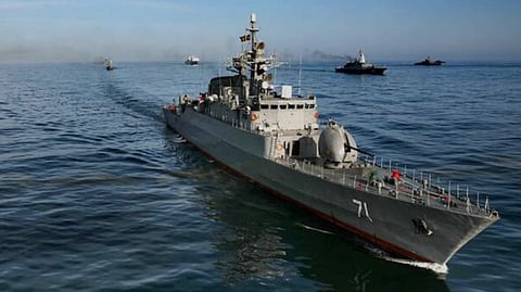 Iranian Navy frigate IRIS Alvand (71) during joint military drills between Iran, Russia, and China in the Gulf of Oman.
