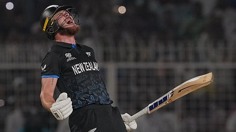 New Zealand's Finn Allen celebrates his century and his team's win during the ICC Men's T20 World Cup 2026 first semifinal cricket match between South Africa and New Zealand, at Eden Gardens, in Kolkata, Wednesday, March 4, 2026.