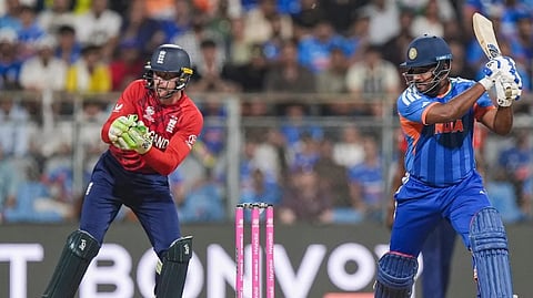 Sanju Samson in action during the India vs. England T20 World Cup semifinal match.