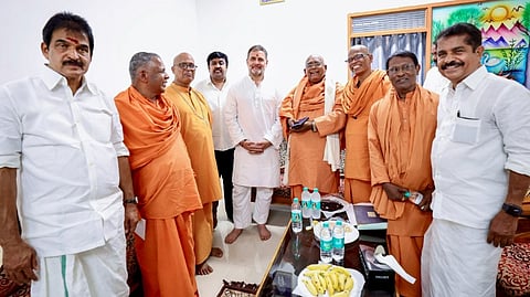 Leader of Opposition in the Lok Sabha Rahul Gandhi, centre, with Congress MP KC Venugopal, left, and others, at Sivagiri Mutt, in Kollam, Kerala on March 7, 2026.