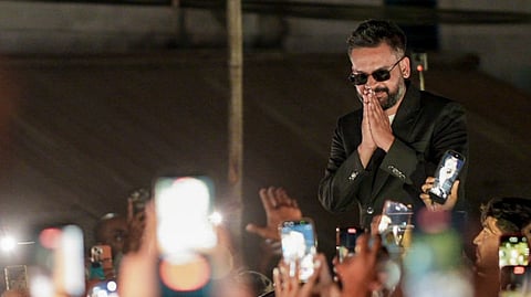 Balendra Shah, a candidate of the Rastriya Swatantra Party (RSP) from Jhapa Constituency-5, greets the gathering at the Election Commission premises after winning the constituency in the Nepal general elections, in Jhapa, Nepal, Saturday, March 7, 2026.