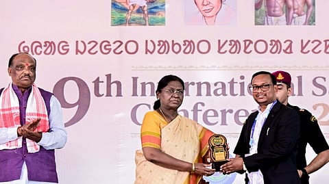 President Droupadi Murmu felicitates during the 9th International Santal Conference, in Darjeeling, West Bengal on March 7, 2026.