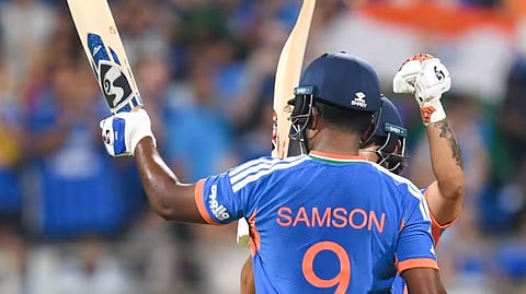 Sanju Samson celebrating his 50 against New Zealand in T20 WC final.