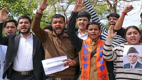 ABVP activists chant slogans opposing the inclusion of a chapter on Jinnah in the syllabus at Jammu University.