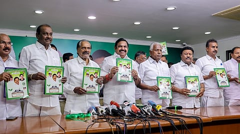 AIADMK chief and Leader of Opposition in Tamil Nadu Assembly Edappadi K Palaniswami, centre, with others releases the party's manifesto ahead of the state Assembly elections, at party headquarters, in Chennai, Tuesday, March 24, 2026.