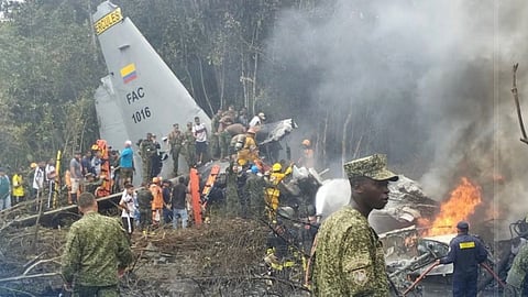 A military transport plane with 128 people on board, mostly soldiers, crashed shortly after taking off Monday in Puerto Leguizamo, Colombia, killing at least 66 people and leaving dozens injured, the head of Colombia's armed forces said.