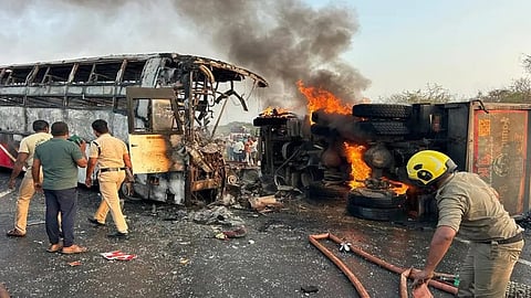 13 killed in Andhra bus collided with a tipper and caught fire