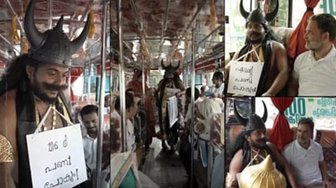 Rahul Gandhi takes a bus ride in Kerala’s Balussery alongside a man dressed as Yamaraj, as part of a UUDF election campaign.