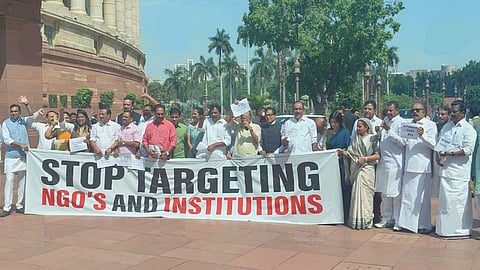 Opposition MPs stage protest in Parliament complex against FCRA amendment bill