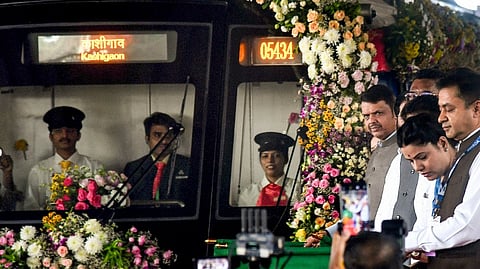Maharashtra Chief Minister Devendra Fadnavis and others during the inauguration of the first phase of Mumbai Metro Line 9 from Dahisar East to Kashigaon, in Mumbai, Tuesday, April 7, 2026.