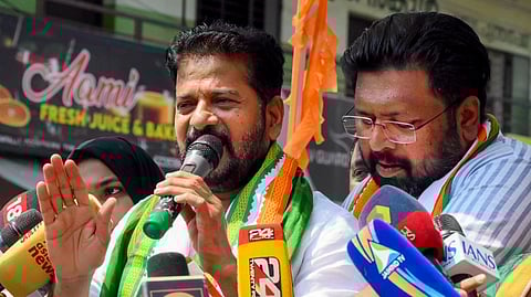 Telangana CM Revanth Reddy speaks during a poll campaign for UDF candidate Sabarinathan in Nemom.