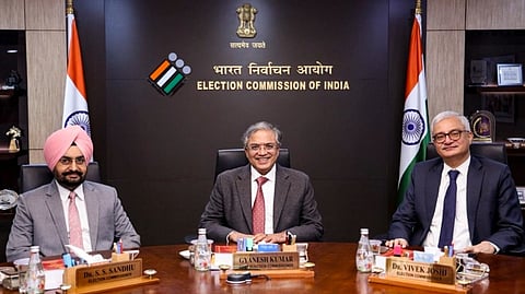 Chief Election Commissioner Gyanesh Kumar with Election Commissioners S S Sandhu and Vivek Joshi during a meeting with Trinamool Congress delegation members.