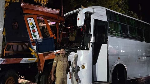 Bus carrying policemen collides with container lorry in Kerala