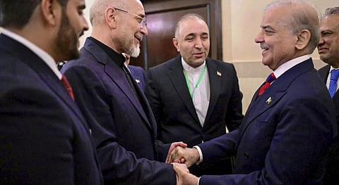Pakistan Prime Minister Shehbaz Sharif during a meeting with the Iranian delegation led by Speaker of the Iranian Consultative Assembly Mohammad Bagher Ghalibaf, on the sidelines of peace talks between the US and Iran, in Islamabad.