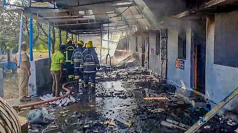 Firefighters at the site after a blast in a firecracker manufacturing unit, at Kattanarpatti in Virudhunagar, Tamil Nadu, Sunday, April 19, 2026.