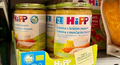 A view of HIPP baby food on a shelf, in Ceske Budejovice, Czech Republic, Sunday, April 19, 2026.