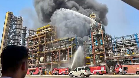 Firefighters douse a blaze after a fire broke out at the HPCL Pachpadra Refinery, in Balotra, Rajasthan, Monday, April 20, 2026.