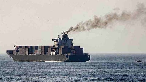 A freight vessel navigating the waters of the Indian Ocean.