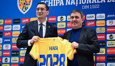 Romania great Gheorghe Hagi (R) returns for second stint as national team coach after Lucescu''s death