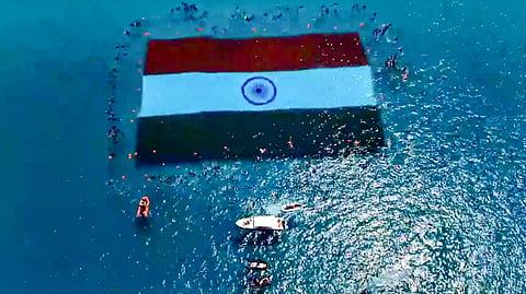 Andaman and Nicobar administration set a new Guinness World Record by unfurling the world's largest underwater national flag at Radhanagar beach, near Sri Vijaya Puram, Saturday, May 2, 2026.