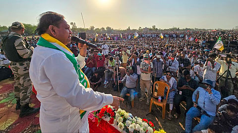 Aam Janata Unnayan Party chief Humayun Kabir addresses a gathering during an election campaign meeting for party candidates ahead of the West Bengal Assembly elections, in Muhammad Bazar, Friday, April 10, 2026.