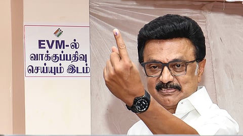 Tamil Nadu Chief Minister and DMK candidate from Kolathur constituency, MK Stalin, shows his ink-marked finger after casting a vote in the state Assembly elections, at a polling station, in Chennai, Thursday, April 23, 2026.