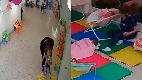 En las imágenes se ve como una mujer, quien fue identificada como la directora Natalia “F” levanta del piso, zangolotea y le grita a un niño