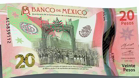 El billete de 20 pesos tiene la Bandera Mexicana y la Bandera del Ejército de las Tres Garantías