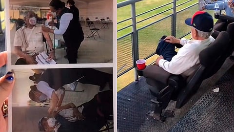 Cada foto documentaba cuando el adulto mayor recibió la primera y la segunda dosis de la vacuna contra el Covid-19