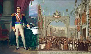 Retrato de Agustín de Iturbide y Solemne y pacifica entrada del Ejército de las Tres Garantías en la ciudad de México el 27 de septiembre de 1821