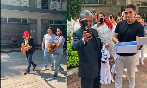 Con todo y norteño, alumnos de la UMSNH realizan propuesta de padrino de generación a maestro